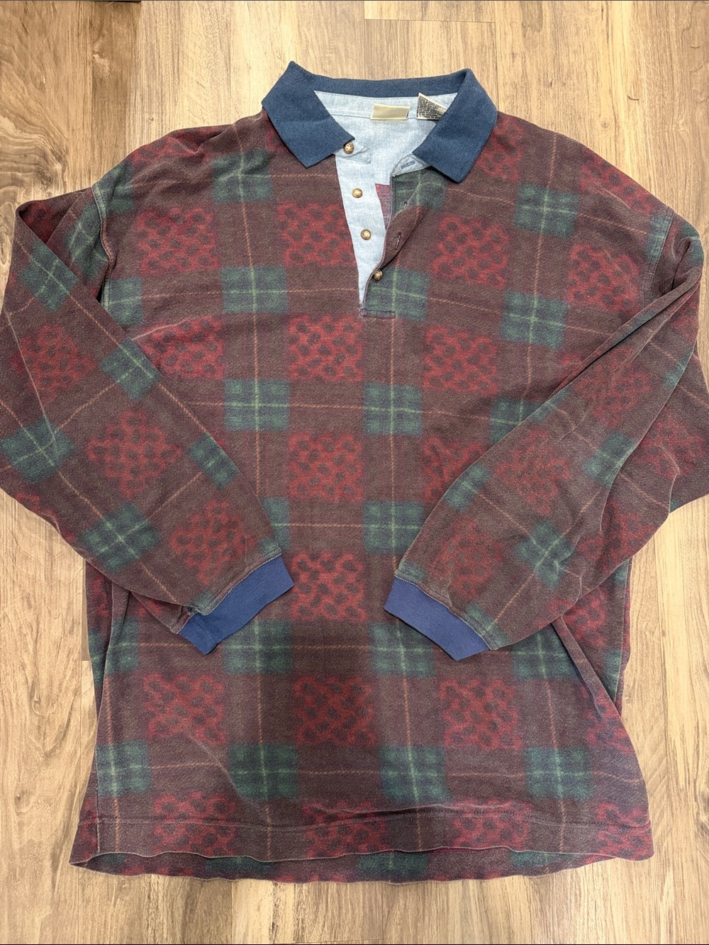 🏉 Vintage Bugle Boy Patchwork Plaid Rugby Polo Shirt 90s Long Sleeve